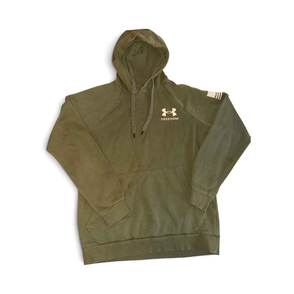Under Armour Hoodie Women Small Olive Green VGUC Freedom Flag Graphic UA Loose